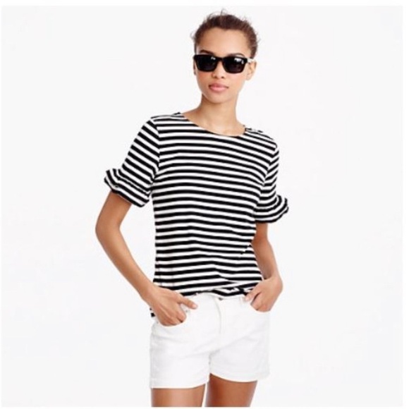 J. Crew Ruffle-Sleeve T-shirt in Stripe Small Black White Preppy Nautical B117 - Picture 1 of 10